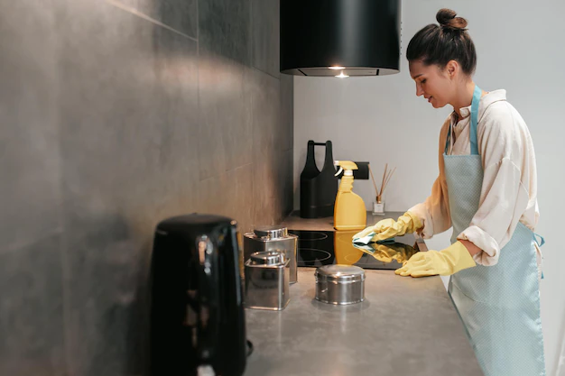 young-dark-haired-woman-disinfecting-surfaces-kitchen